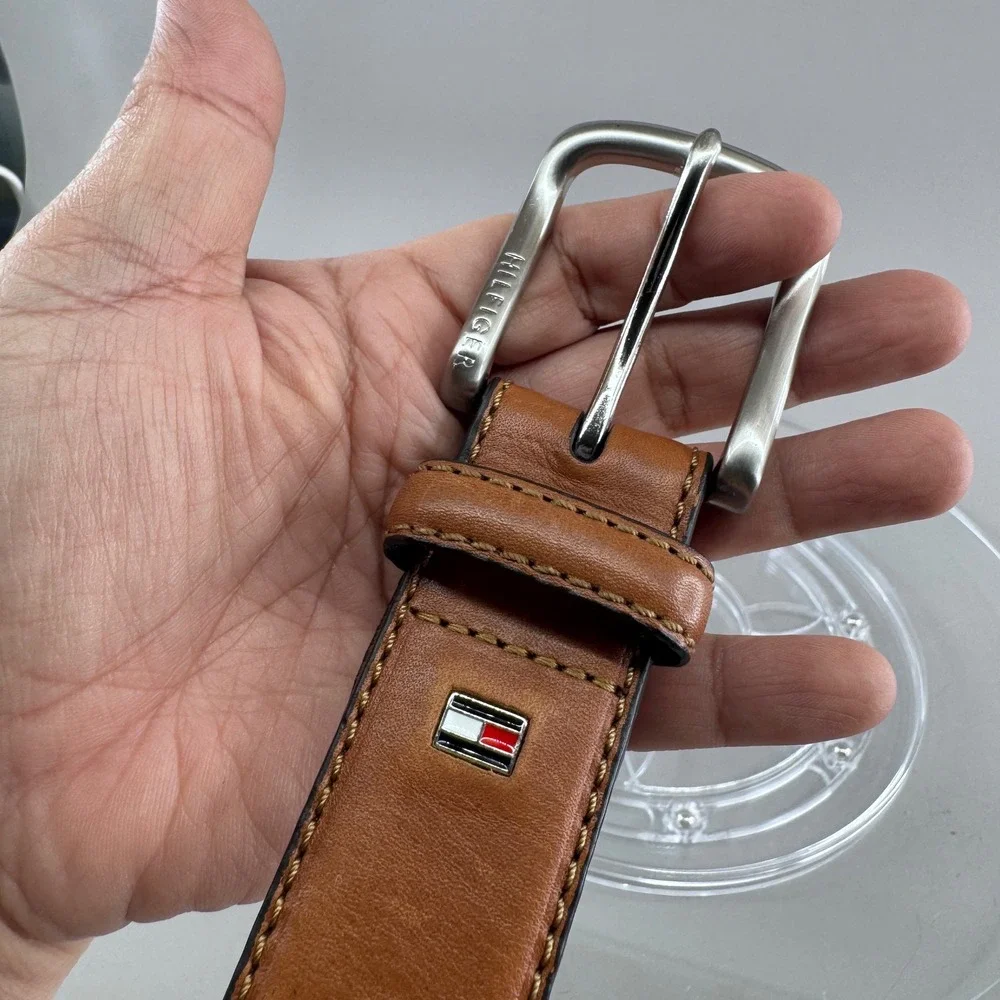 Tommy Hilfiger Mens Brown Genuine Leather Belt Silver Buckle Size 34/85